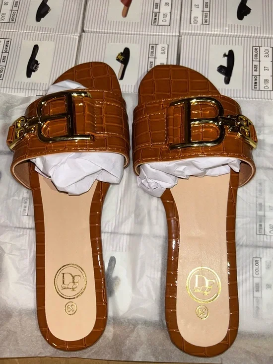Cognac Croc-Embossed Slide Mules with Gold Buckle - Picture 1 of 2